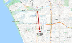Map to the new location for MPI at 2101 E. El Segundo Blvd, El Segundo CA 90245 with red arrow 3 miles south